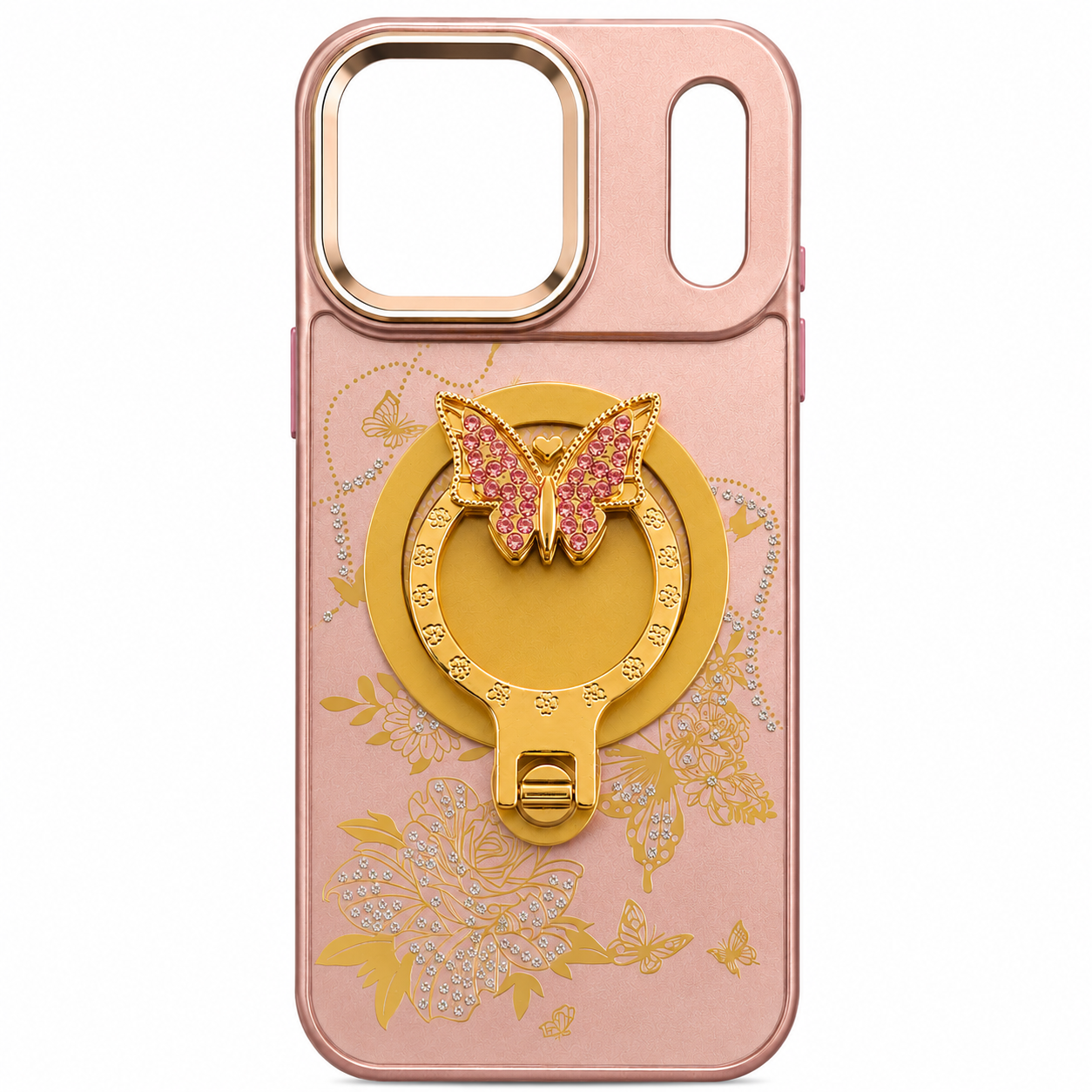 Glitter Sparkle Butterflies Ring Stand Bling Diamond Kickstand Shockproof Protective Cover in rose gold , compatible for IPHONE 17 PRO